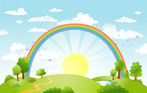 Vector beautiful landscape with rainbow. Stock Illustration
