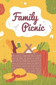 Vector beautiful poster with wicker basket full fresh food for family picnic. Stock Illustration