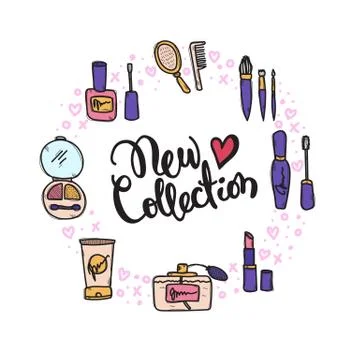 Vector beauty and make up doodle circle frame with hand lettered inscription Stock Illustration