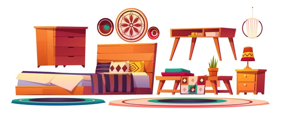 Vector bedroom interior set in boho style 库存插图