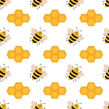 Vector bee and honeycombs seamless pattern. Funny bumblebees background Stock Illustration