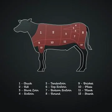 Vector beef steak diagram poster. American meat cutting. Stock Illustration