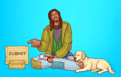 Vector beggar, poor African bum with dog. Stock Illustration