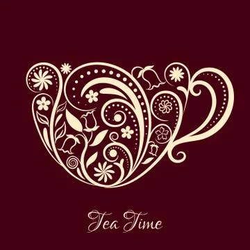 Vector Beige Cup of Tea With Floral Design Elements. Stock Illustration
