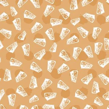 Vector beige parmesan cheese pen sketch scattered seamless pattern with polko Stock Illustration