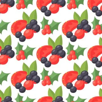 Vector berries seamless pattern vegetarian berry food wallpaper with branches 스톡 일러스트