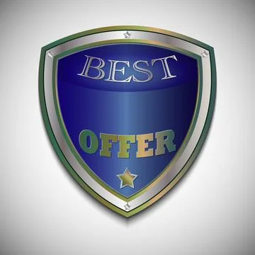 Vector Best Offer badge shield. Realistic silver- cooper and blue label Stock Illustration