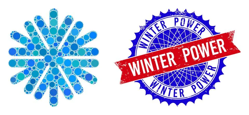Vector Bicolor Winter Power Scratched Stamp and Snowflake Mosaic of Rosettes Illustrazione stock