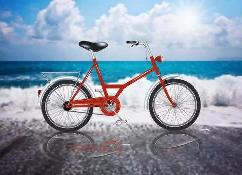 Vector Bicycle Sea Sun beach summer reflection Stock Illustration