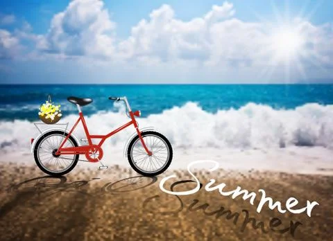 Vector Bicycle Sea Sun beach summer reflection Stock Illustration
