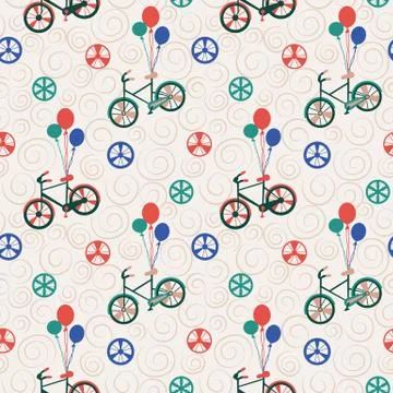 Vector Bicycle weekend illustration, seamless pattern, with balloons, flowers Stock Illustration
