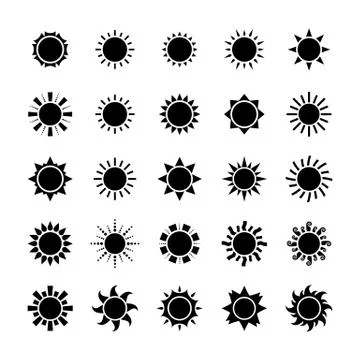 Vector big black sun icons set Stock Illustration