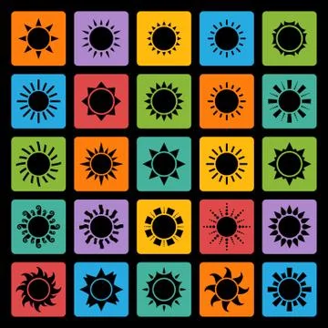 Vector big black sun icons set Stock Illustration
