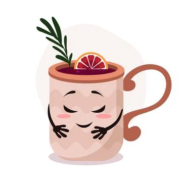 Vector big brown cup with hot drink. Mulled wine with rosemary and orange. Funny Illustrazione stock