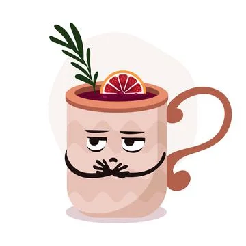 Vector big brown cup with hot drink. Mulled wine with rosemary and orange. Funny Stock Illustration