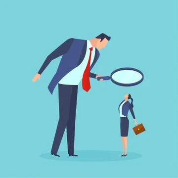 Vector of a big business man looking through magnifying glass at a small busi Stock Illustration