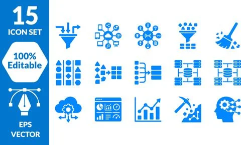 Vector Big Data Processing And Mining Technology Icon Set Isolated On White.. Stock Illustration