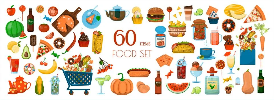 Vector big Food set. Flat icons set. Menu Restaurant, carts, sale, ads. Cartoon Stock Illustration