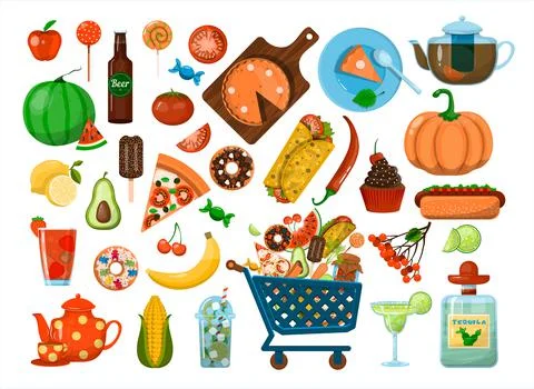 Vector big Food set. Flat icons set. Menu Restaurant, carts, sale, ads. Cartoon Stock Illustration
