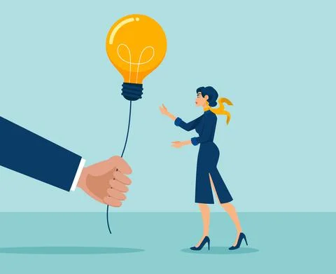 Vector of a big hand giving a lightbulb idea to a young business woman Stock Illustration
