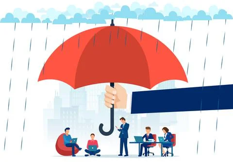 Vector of a big hand holding big umbrella in rain protecting people employees Stock Illustration