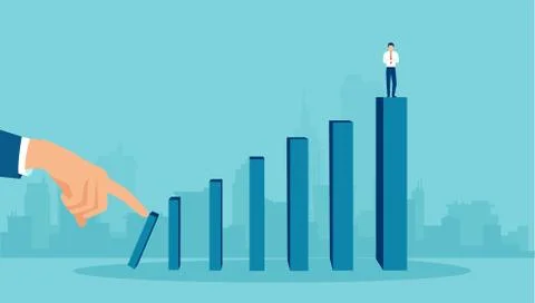 Vector of a big hand pushing financial bars with business man standing on top Stock Illustration