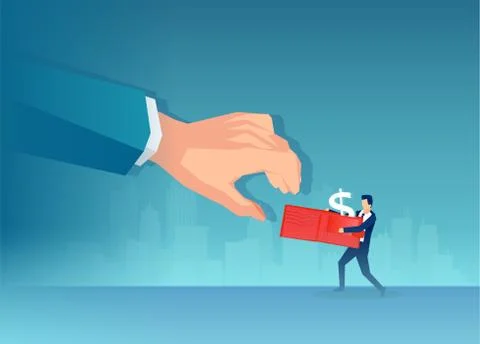 Vector of a big hand taking away wallet with money from a small business man Stock Illustration