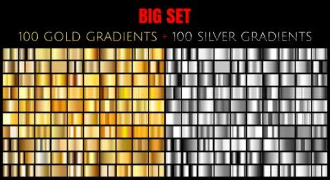Vector big set of 100 gold and silver gradients. Golden and silver rectangle Stock Illustration