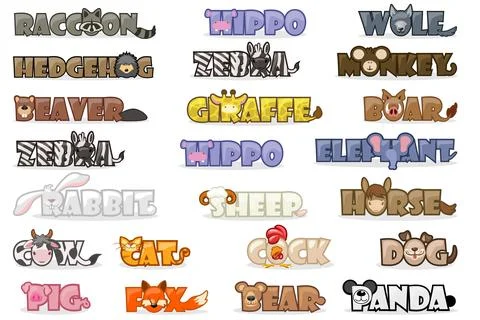 Vector big set cute cartoon text name animals, funny font Stock Illustration