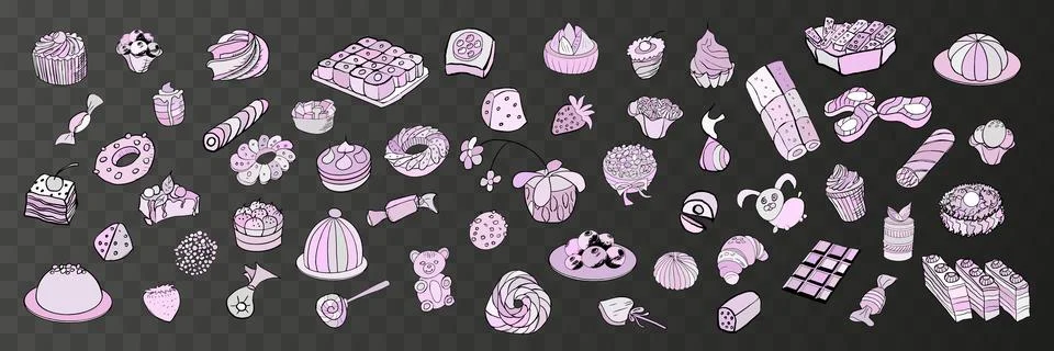 Vector big set of different desserts in solid pastel colors. Stock Illustration