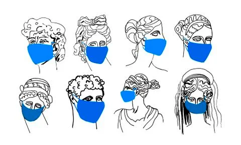 Vector big set Greek godds in a mask into self-isolation. Stock Illustration