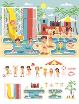 Vector big set isolated cartoon characters children, boys and girls resting Stock Illustration