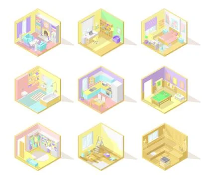 Vector big set of isometric home interiors Stock Illustration
