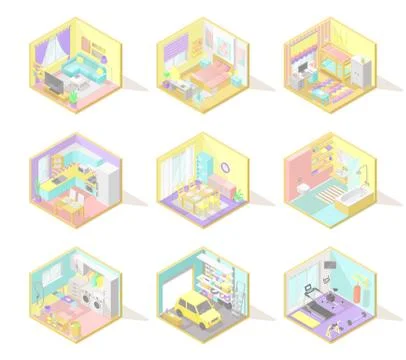 Vector big set of isometric home interiors Stock Illustration