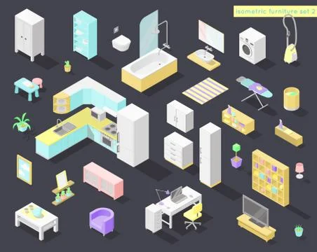 Vector big set of low poly isometric furniture and decoration for home interi Stock Illustration