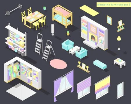 Vector big set of low poly isometric furniture and decoration for home interi Stock Illustration