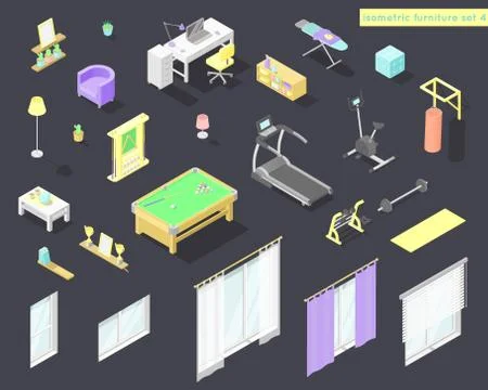 Vector big set of low poly isometric furniture and decoration for home interi Stock Illustration