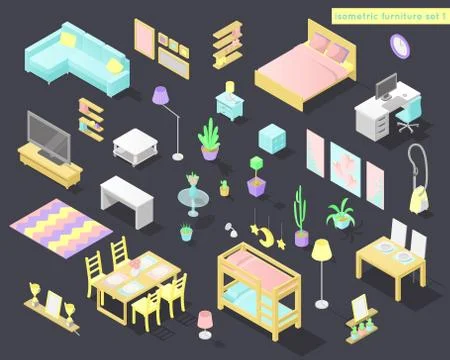 Vector big set of low poly isometric furniture and decoration for home interi Stock Illustration