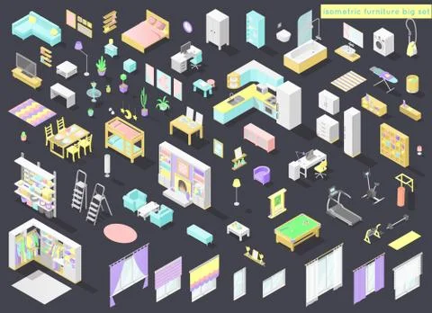 Vector big set of low poly isometric furniture and decoration for home interiors Stock Illustration