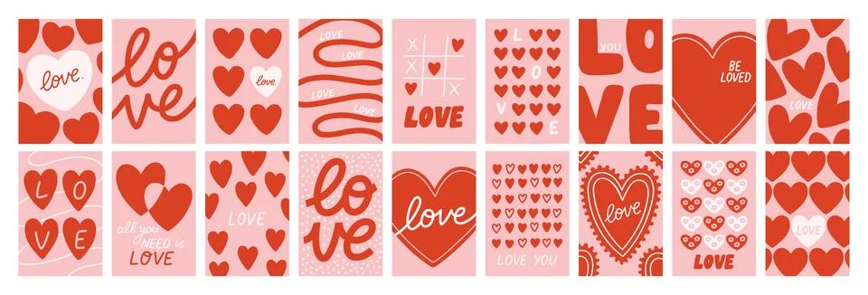 Vector big set of romantic cards with decorative hearts and handwritten love Stock Illustration