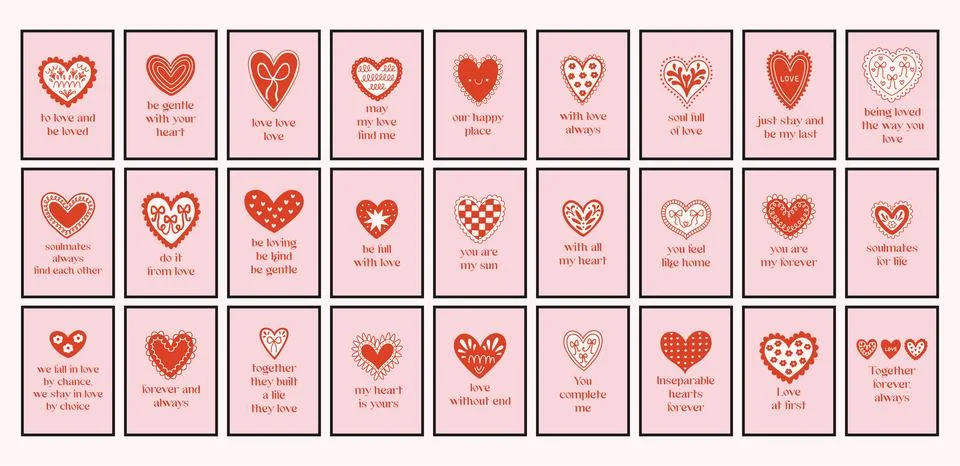 Vector big set of romantic cards with decorative hearts and handwritten love Stock Illustration
