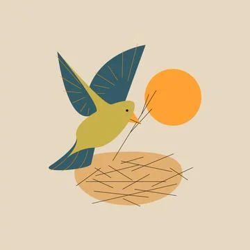 Vector bird with branch in outline style. Digital art Stock Illustration