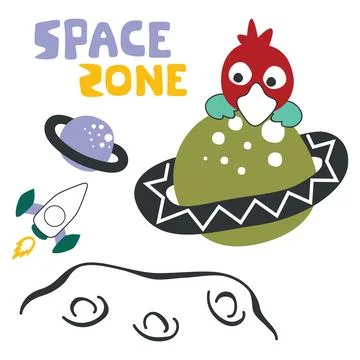 Vector bird character  in the space with planet and rocket isolated on whit.. Stock Illustration