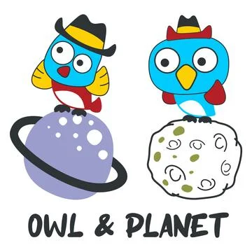 Vector bird character  in the space with planet and rocket isolated on whit.. Stock Illustration