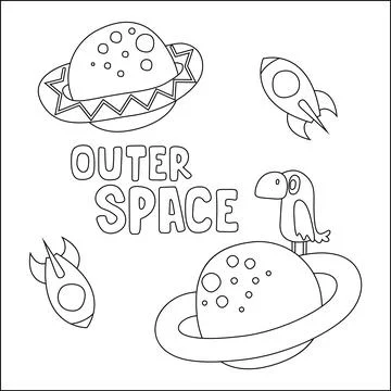 Vector bird character  in the space with planet and rocket isolated on whit.. Stock Illustration