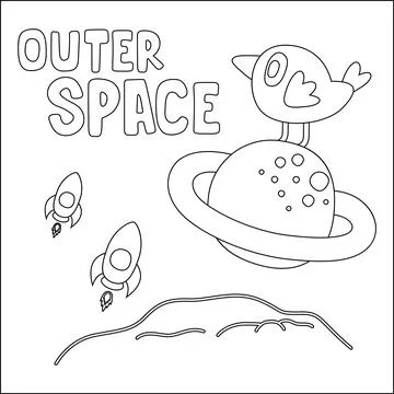 Vector bird character  in the space with planet and rocket isolated on whit.. Stock Illustration