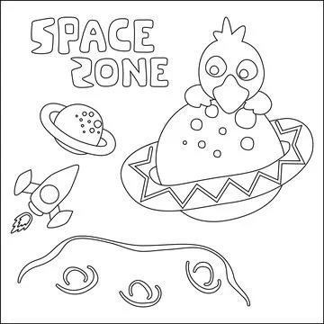 Vector bird character  in the space with planet and rocket isolated on whit.. Stock Illustration