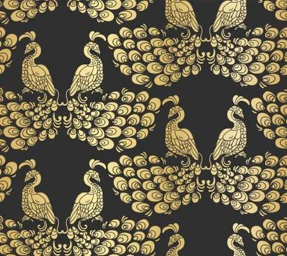 Vector bird peacock pattern seamless pattern dark gold 스톡 일러스트