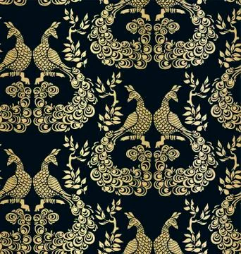 Vector bird peacock pattern seamless pattern dark gold Stock Illustration