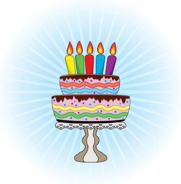 Vector birthday cake on a stand with burning candles Stock Illustration
